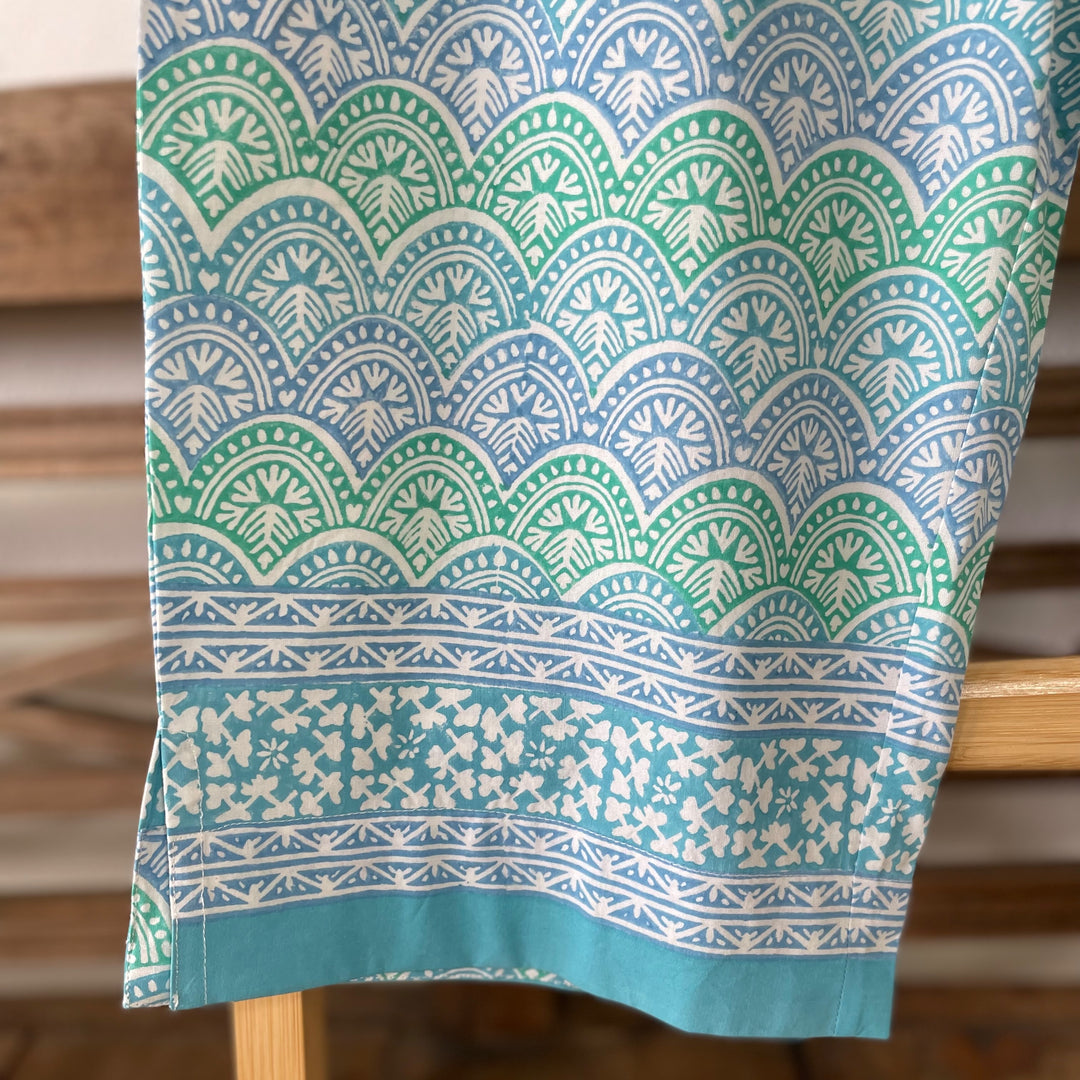 close up of pattern - light blue printed pants