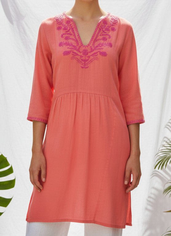 Patio Dress – Coral with Pink Embroidery