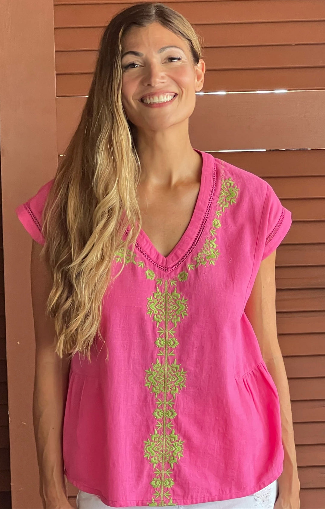 woman in 100% handspun, hand-woven cotton top - pink