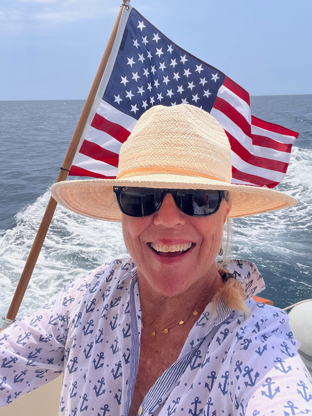Anchor print shirt on Sigrid Olsen with American Flag in the background