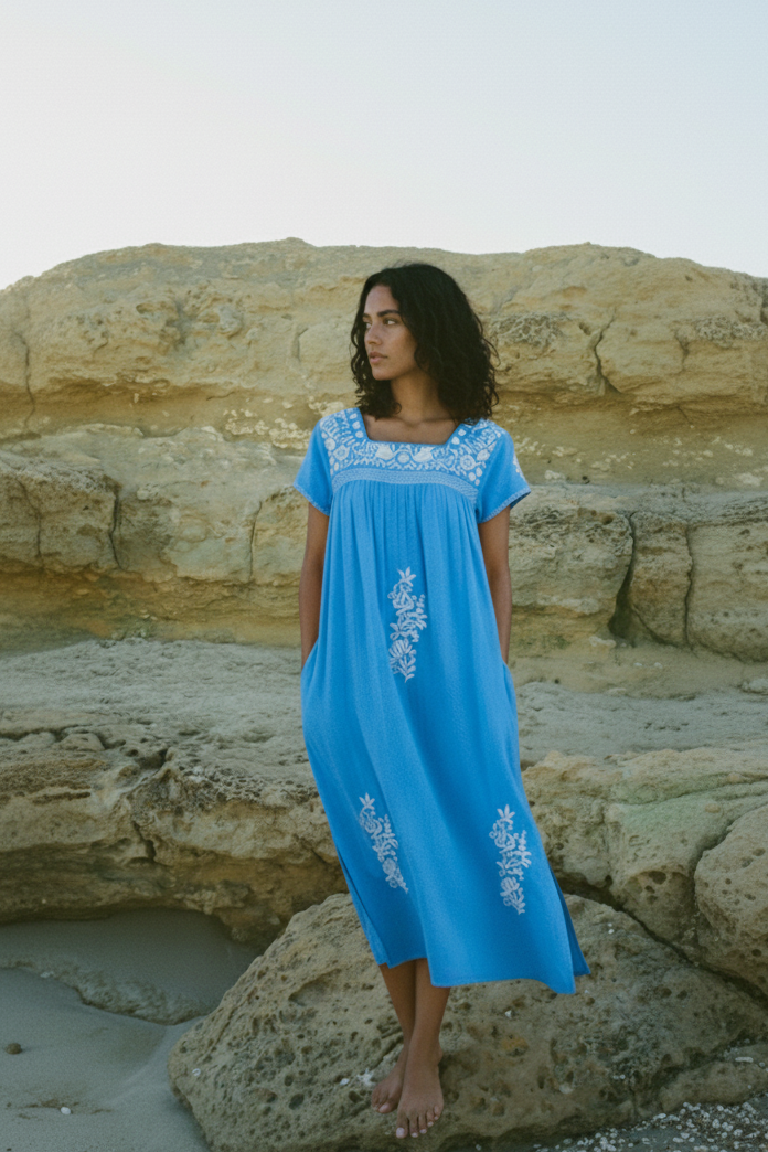 image of woman in sigrid olsen new collection dress on a boat