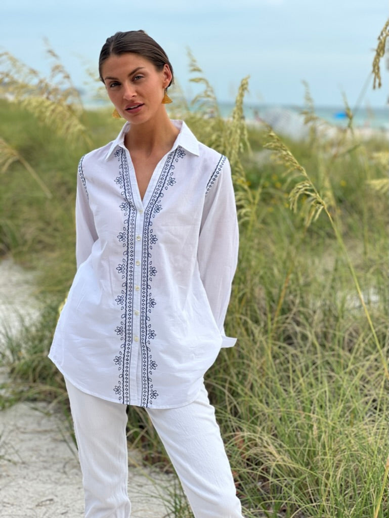 Sierra Shirt | Navy Embroidery & Bistro Birds Detail