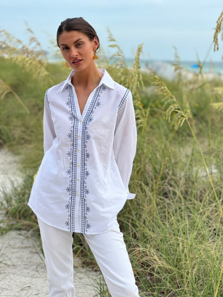 Sierra Shirt | Navy Embroidery & Bistro Birds Detail