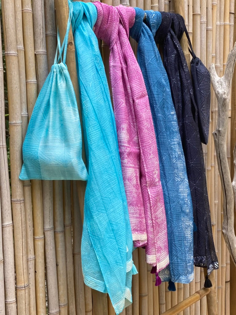 Shibori Scarf in a Bag | Handmade Cotton/Silk Blend Scarf with Tassels