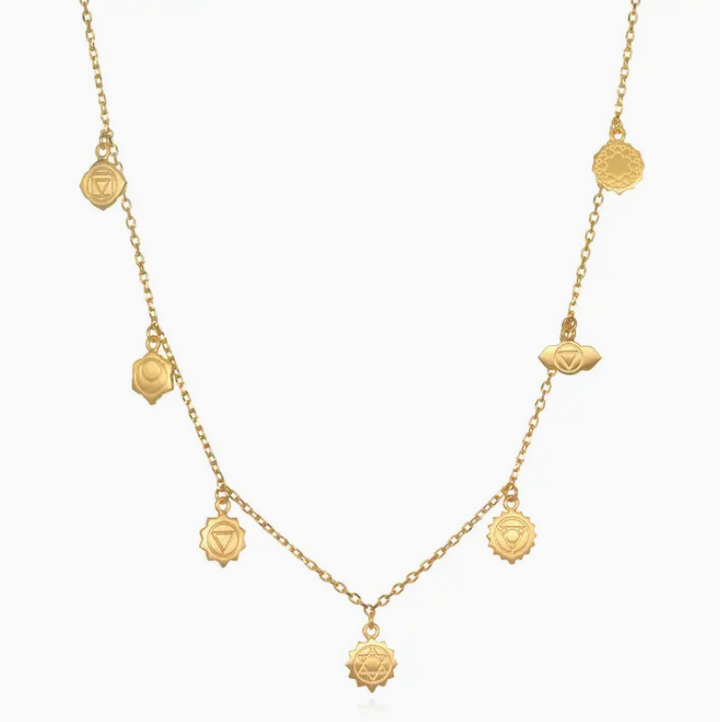 Gold necklace with circular pendants on a white background