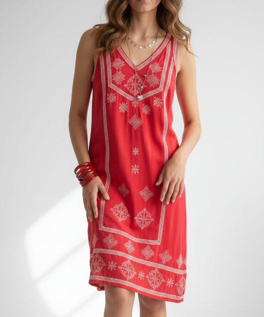 Vintage Sunset Bloom Embroidered Shift Dress