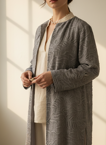 Person wearing a long textured gray coat over a white top, standing against a neutral background.