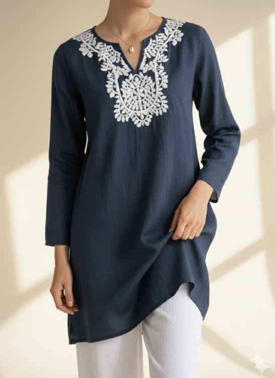 Vintage Navy Embroidered Cotton Tunic