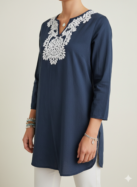 Vintage Navy Embroidered Cotton Tunic