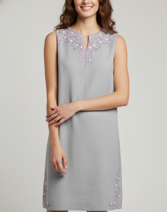 Woman wearing a gray dress with sequin details on a plain background