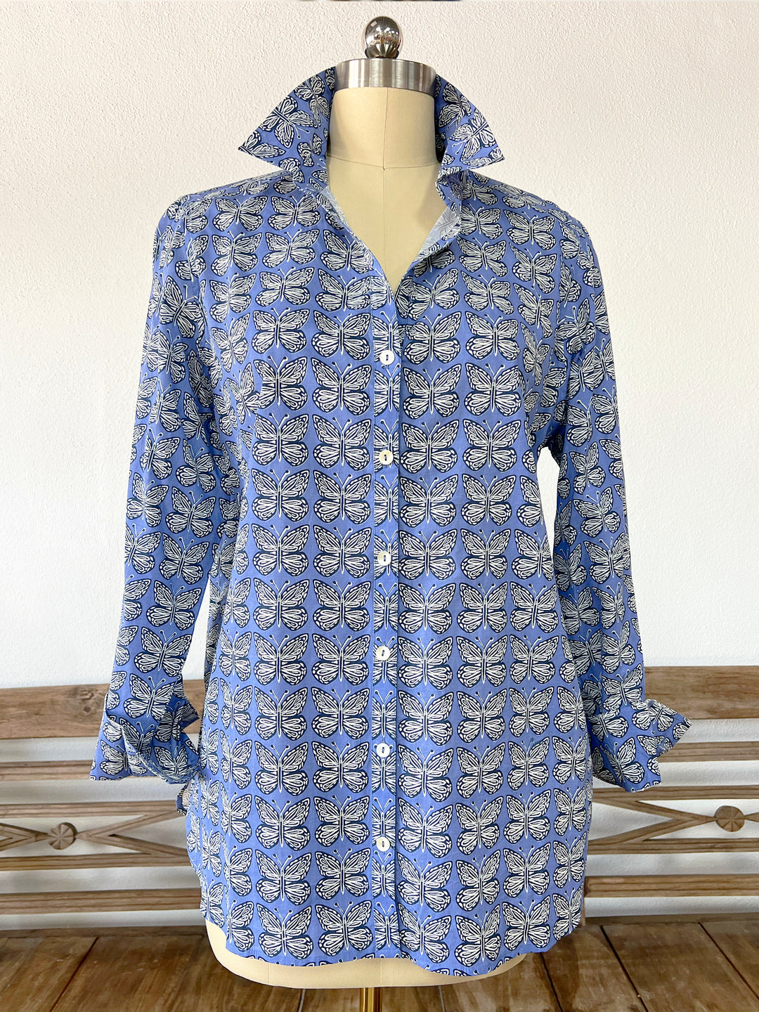 blue artisan shirt with butterfly print