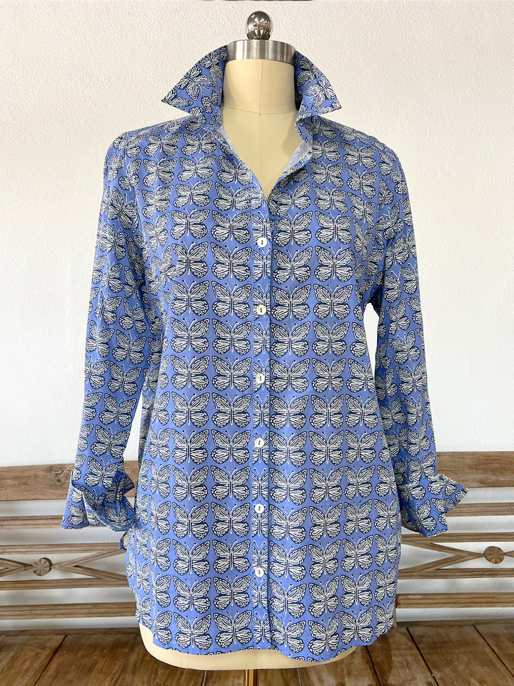 blue artisan shirt with butterfly print