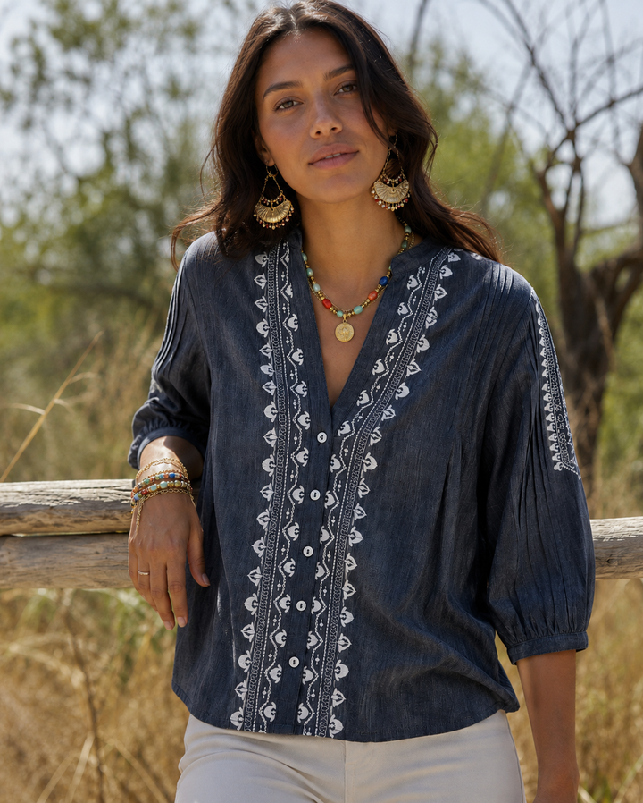 Naomi Chambray Shirt with Embroidery | 100% Cotton