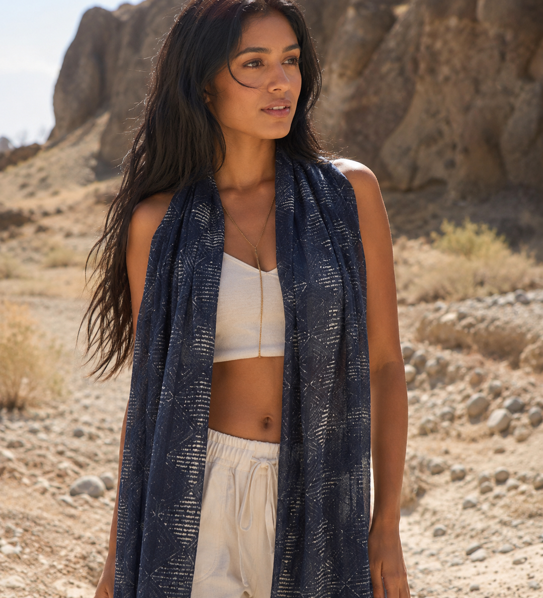 Shibori Scarf in a Bag | Handmade Cotton/Silk Blend Scarf with Tassels