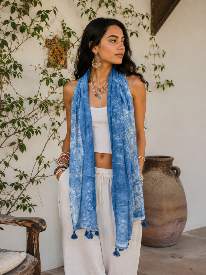Shibori Scarf in a Bag | Handmade Cotton/Silk Blend Scarf with Tassels