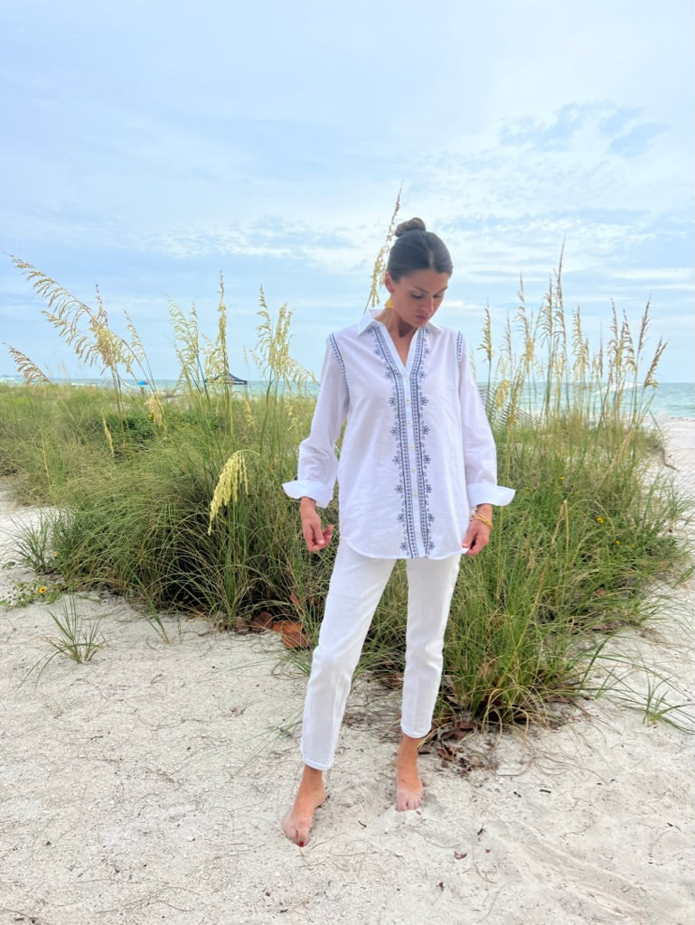 Sierra Shirt | Navy Embroidery & Bistro Birds Detail