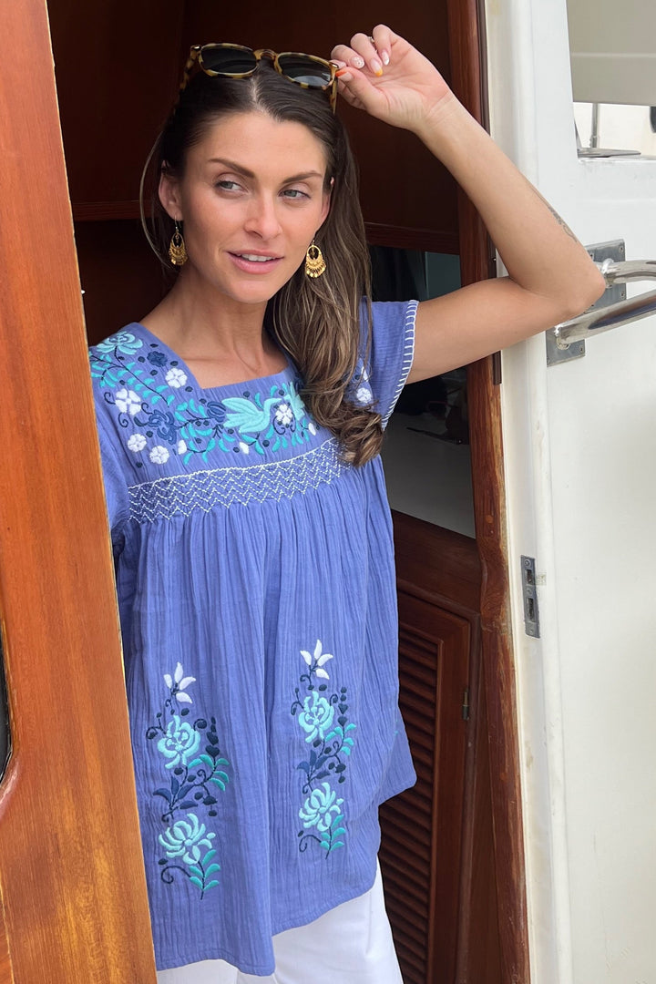 embroidered 100% cotton blue luisa shirt by sigrid olsen 