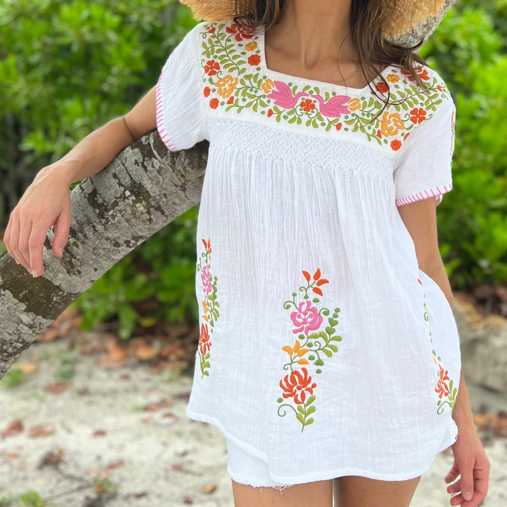 embroidered 100% cotton white luisa shirt with colorful flowers by sigrid olsen 