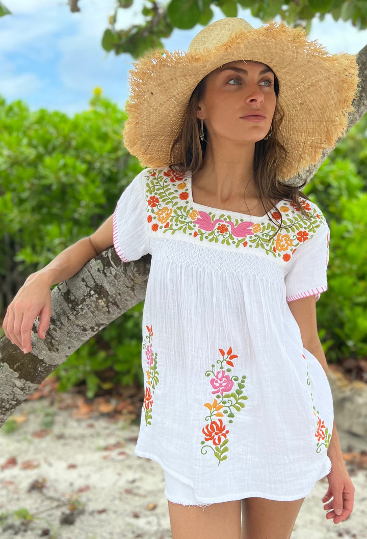 embroidered 100% cotton white luisa shirt with colorful flowers by sigrid olsen 