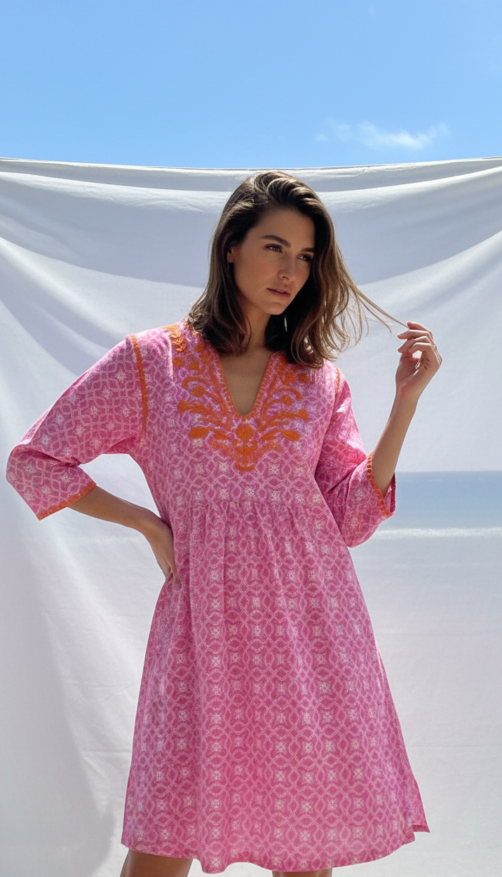 Woman wearing a pink dress with orange patterns against a white backdrop