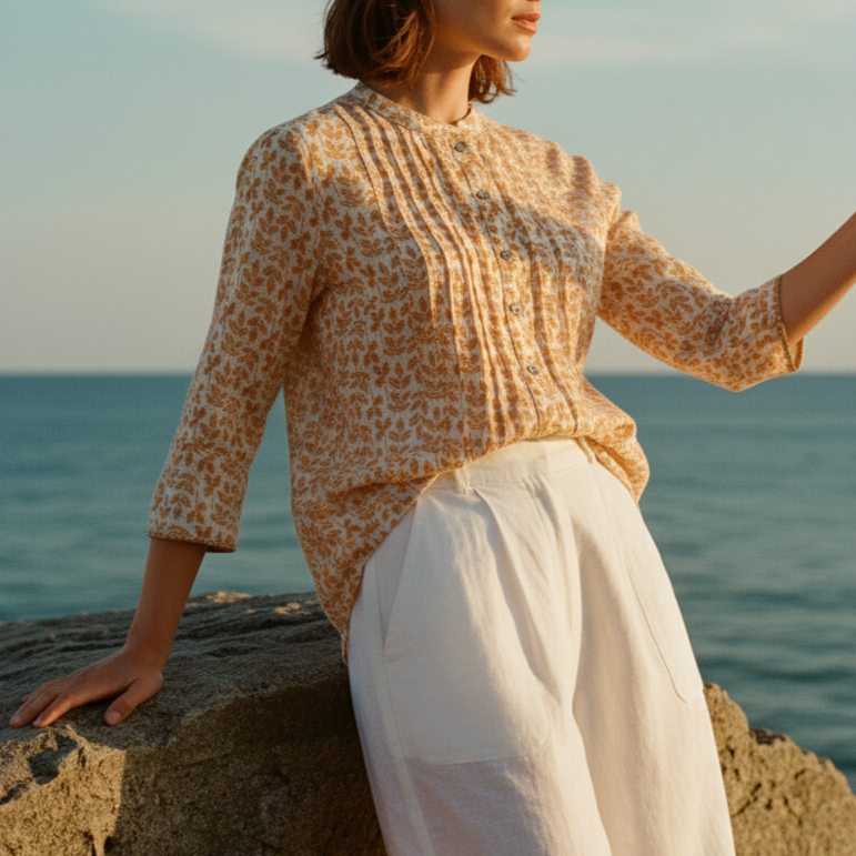 Woman sitting on a rock by the ocean wearing a floral blouse and white pants.