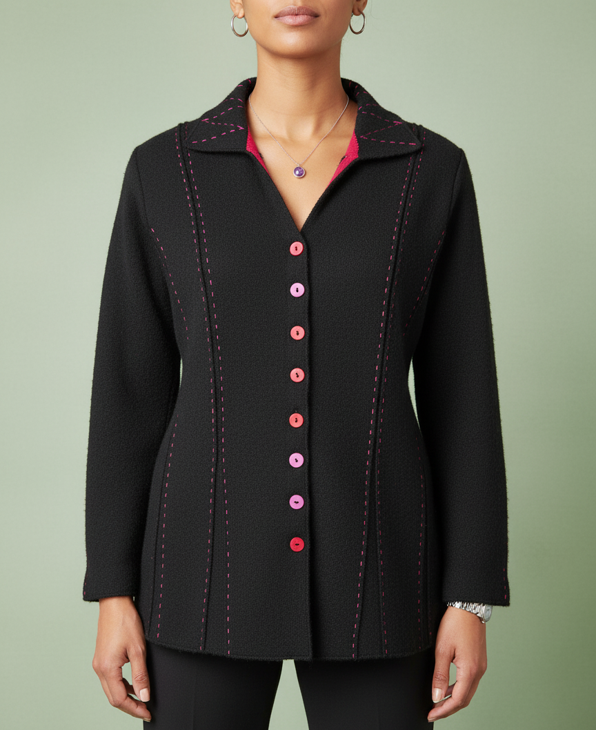 vintage sigrid olsen Black jacket with pink buttons on a model against a green background