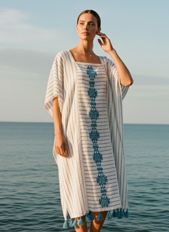 Woman in a striped dress with blue patterns standing on rocks by the ocean.