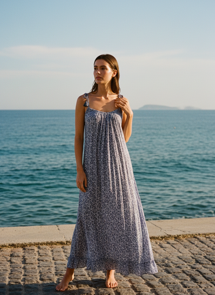 Woman in a long dress standing on a stone pathway by the ocean.