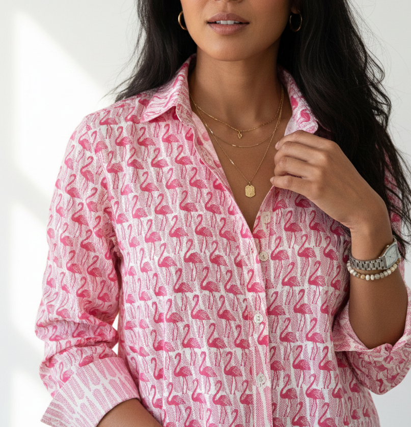 Woman wearing a pink flamingo patterned shirt against a white background