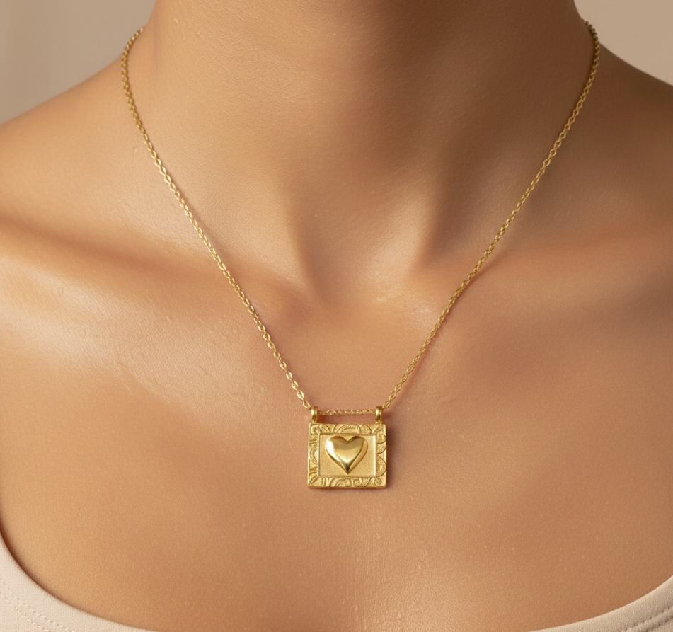 Gold necklace with a heart pendant on a neutral background