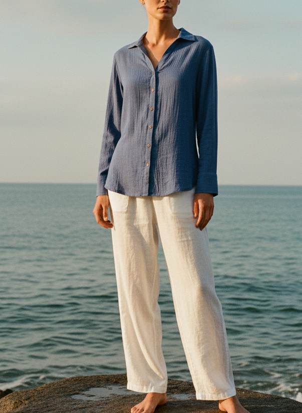 Person wearing a blue shirt and white pants standing on a rock by the ocean.