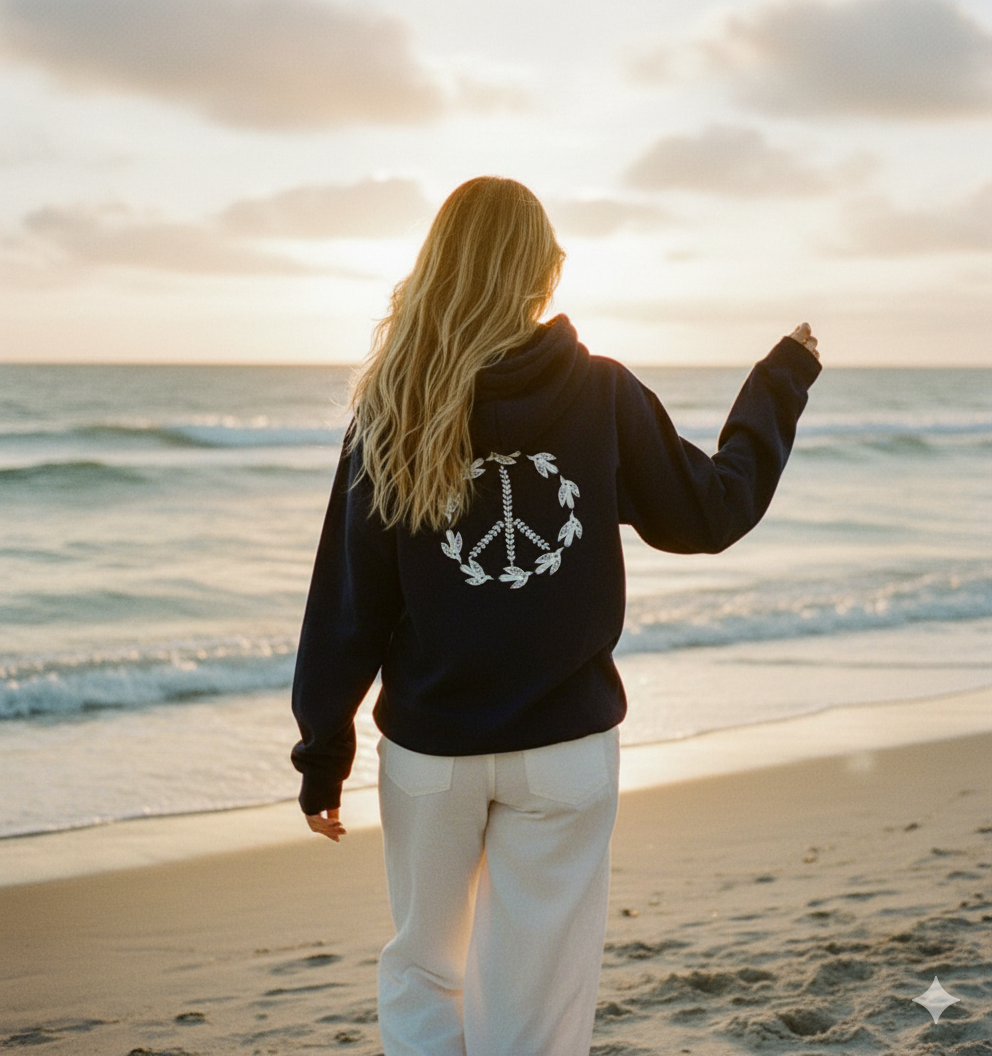 Person wearing a hoodie with a peace symbol design on a beach at sunset