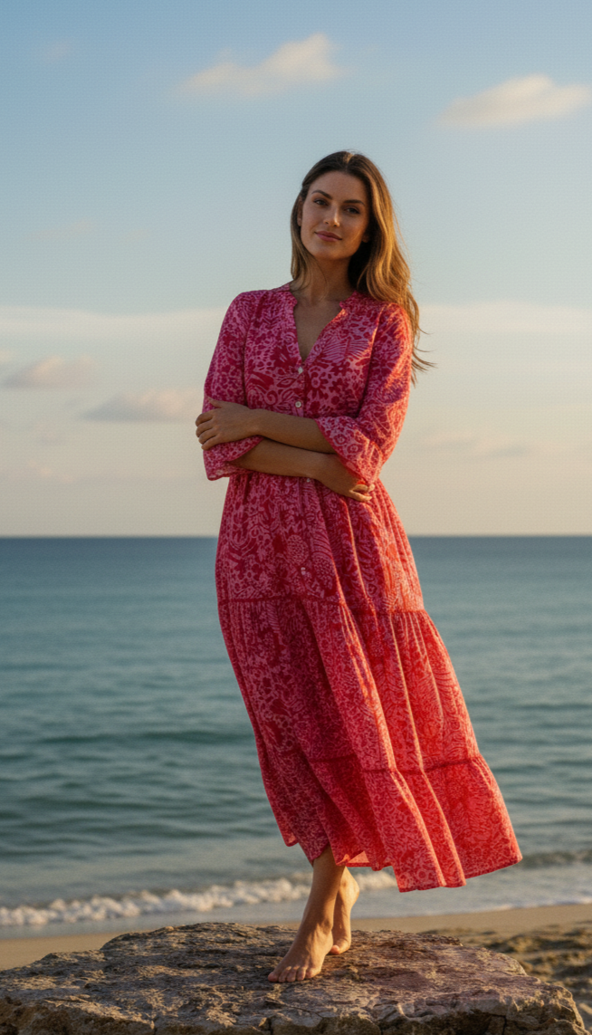 Woman in a red dress standing on a rock by the ocean at sunset