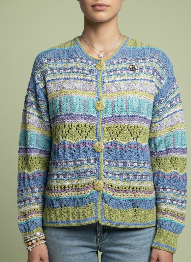 Person wearing a vintage sigrid olsen colorful knitted cardigan against a plain background