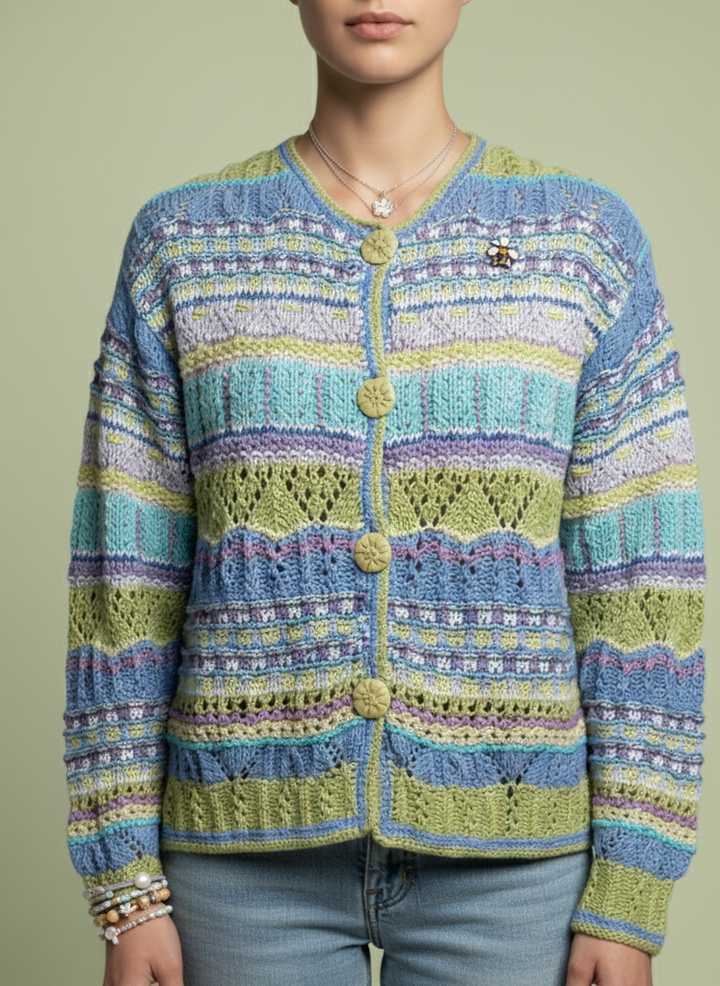 Person wearing a vintage sigrid olsen colorful knitted cardigan against a plain background