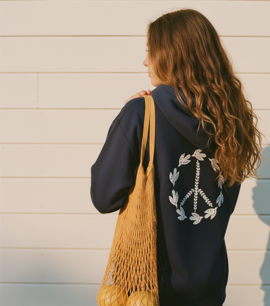Person wearing a navy sweatshirt with a peace sign design, holding a yellow mesh bag against a light wooden wall.