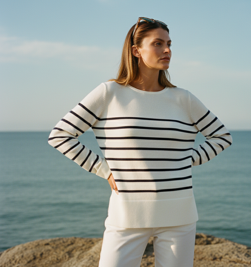 Woman wearing a black and white striped sweater and white pants standing on a rocky outcrop with ocean and sky in the background.