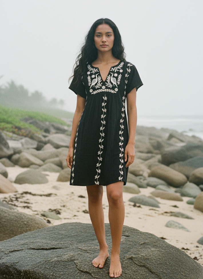 Woman in a black dress with white embroidery standing on a rocky beach.