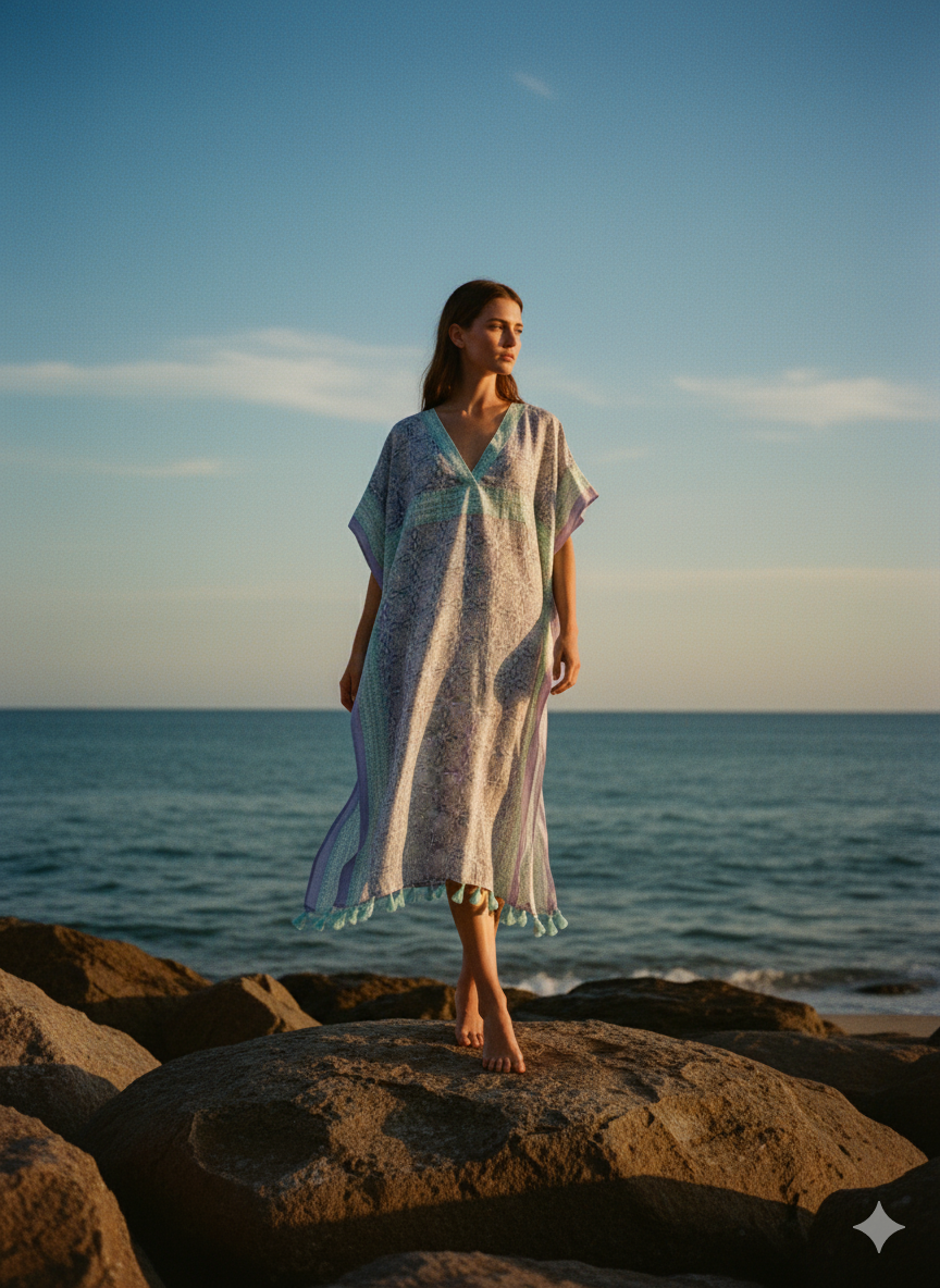 Woman in a flowing dress standing on rocks by the ocean under a clear blue sky.