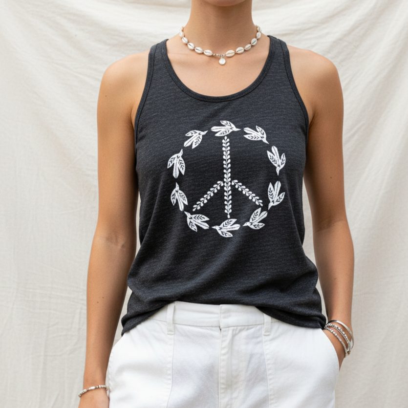 Person wearing a black tank top with a peace symbol design on a plain background