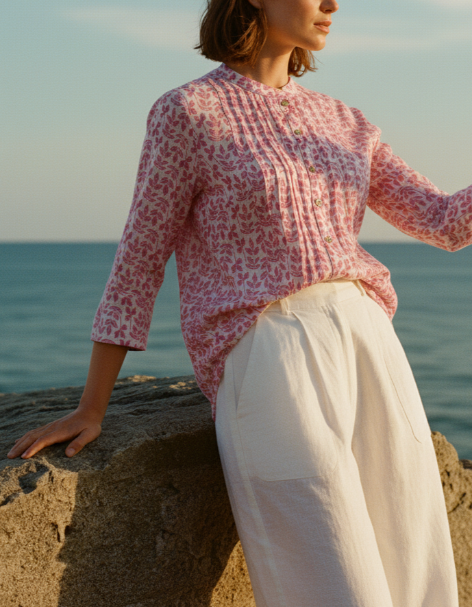 Woman in a pink floral blouse and white pants standing on rocks by the ocean.