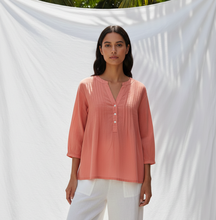 Sample Coral Cotton Blouse – Long Sleeve