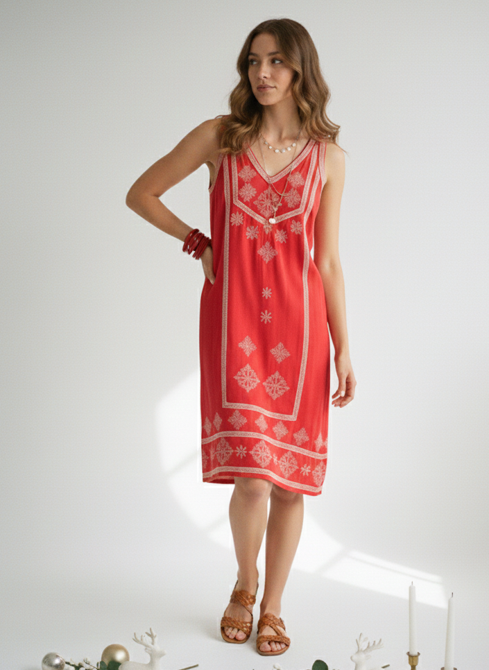 Vintage Sunset Bloom Embroidered Shift Dress
