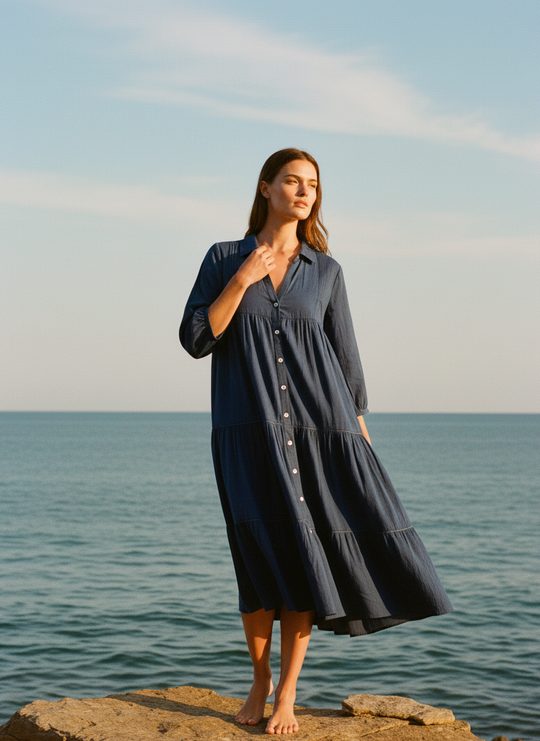 Woman in a blue dress standing on a rock by the ocean