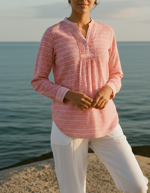 Woman wearing a pink top and white pants standing by the ocean.