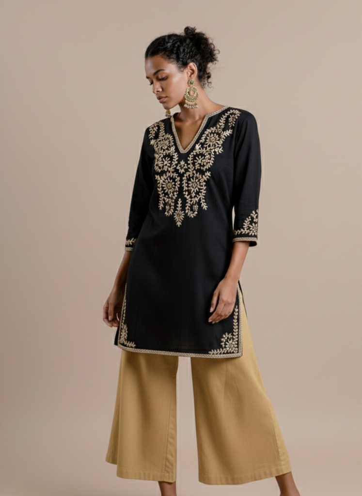 Woman wearing a black embroidered top and beige pants on a beige background
