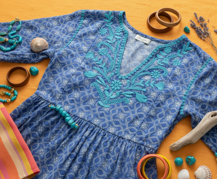 Blue embroidered dress on a wooden surface with jewelry and natural elements