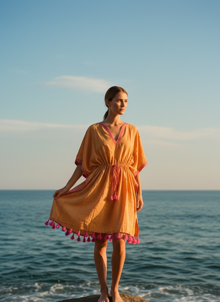 Woman in a yellow dress with pink trim standing on a rock by the ocean.