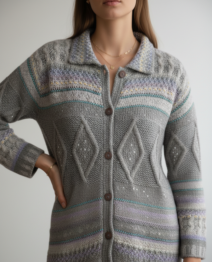Person wearing a vintage sigrid olsen patterned gray cardigan on a plain background