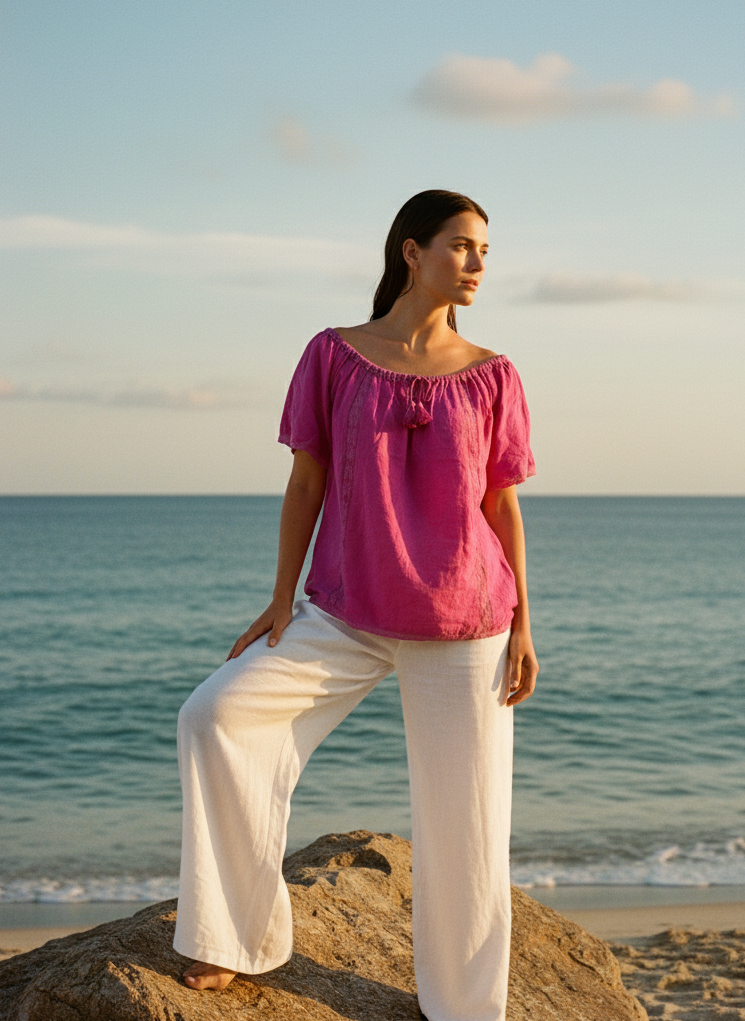 Woman in a pink top and white pants standing on a rock by the ocean.